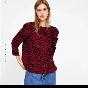 Zara puff sleeve red leopard print top